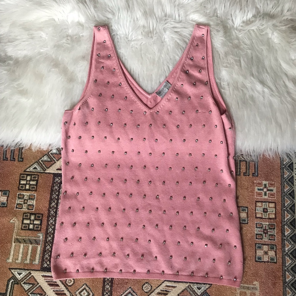 Vintage Pink Silk & Rhinestone Sweater Shell - S